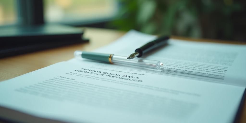 Close-up professional shot of a legal pen resting on a commercial contract with data protection clauses highlighted.